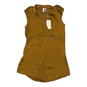New Joie Sleeveless Blouse Split V Neck Top Long Gold Bronze Silky Shirt Women S